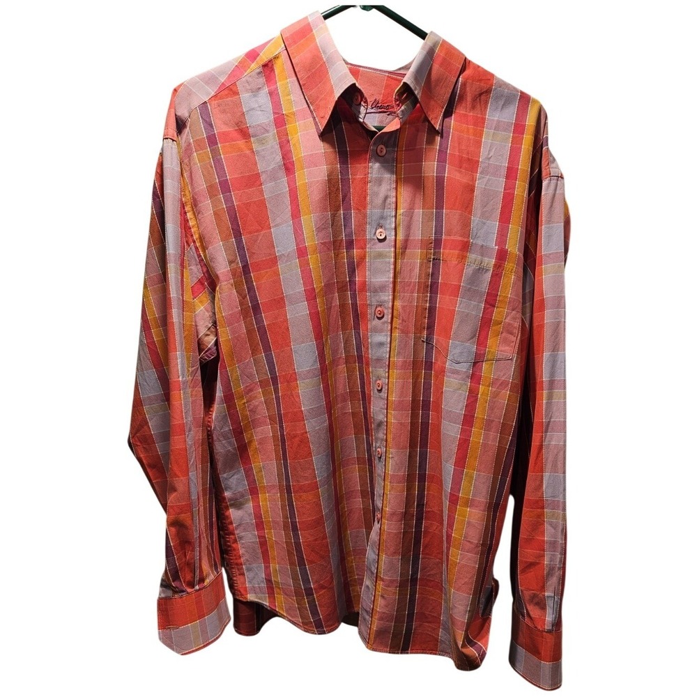 Bugatchi Uomo Mens Large Red Plaid Button Down Shirt Paisley Trim Long Sleeve